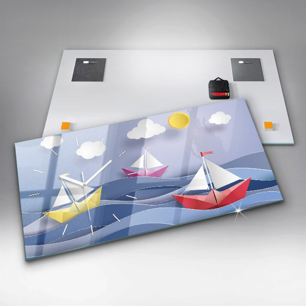Glass wall clock rectangular Origami colorful sailboats