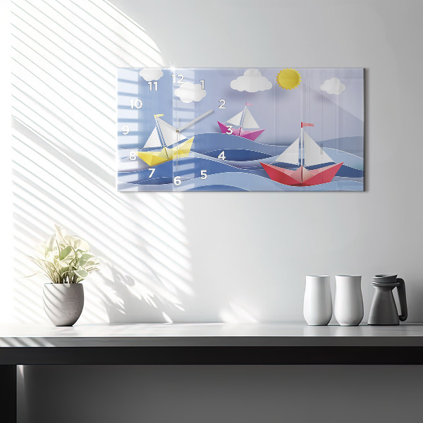 Glass wall clock rectangular Origami colorful sailboats