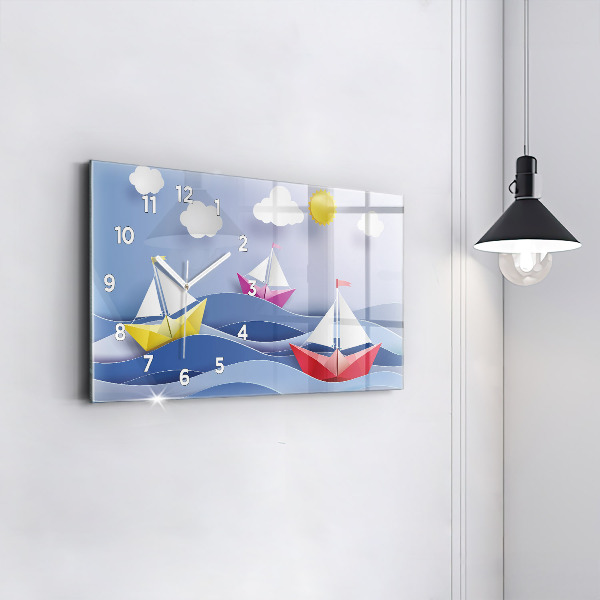 Glass wall clock rectangular Origami colorful sailboats