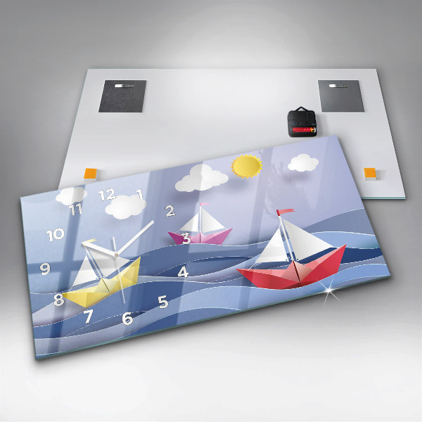Glass wall clock rectangular Origami colorful sailboats
