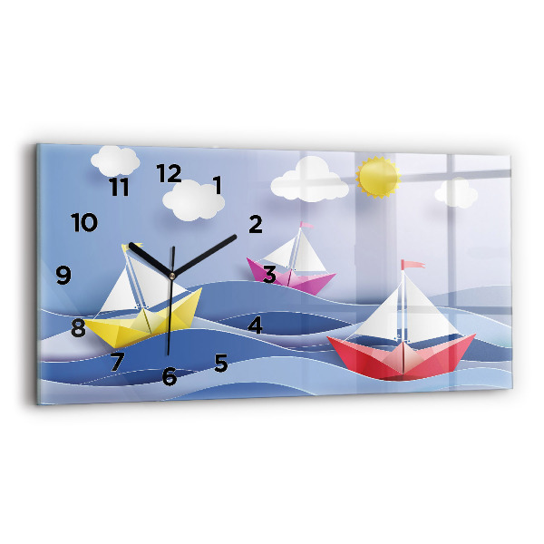 Glass wall clock rectangular Origami colorful sailboats