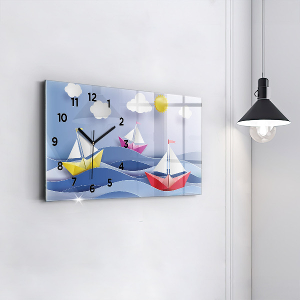 Glass wall clock rectangular Origami colorful sailboats