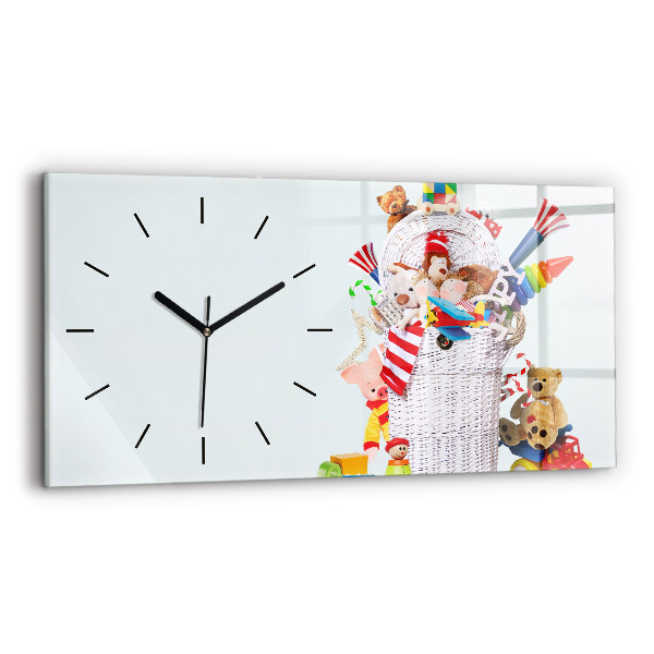 Glass wall clock rectangular Wicker basket with toys
