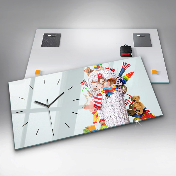 Glass wall clock rectangular Wicker basket with toys