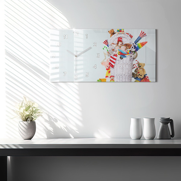 Glass wall clock rectangular Wicker basket with toys