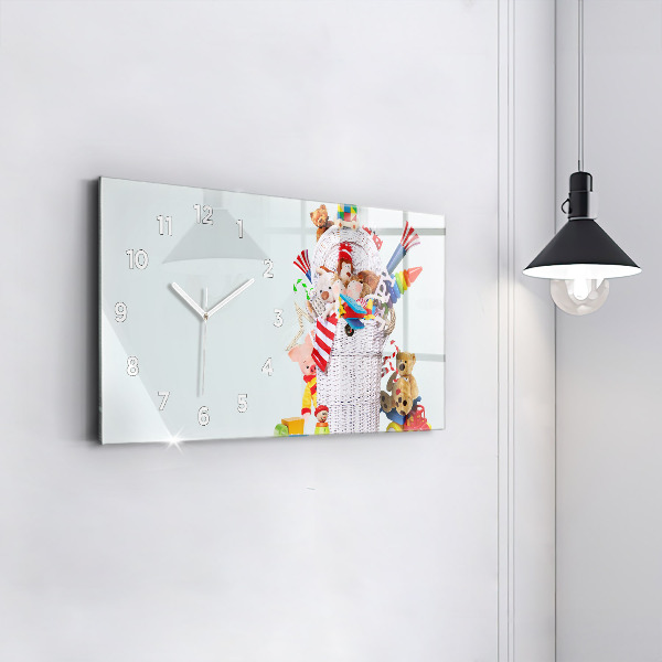 Glass wall clock rectangular Wicker basket with toys
