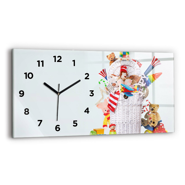 Glass wall clock rectangular Wicker basket with toys