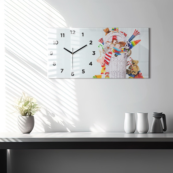 Glass wall clock rectangular Wicker basket with toys