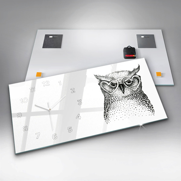 Glass wall clock rectangular Drawn owl with glasses