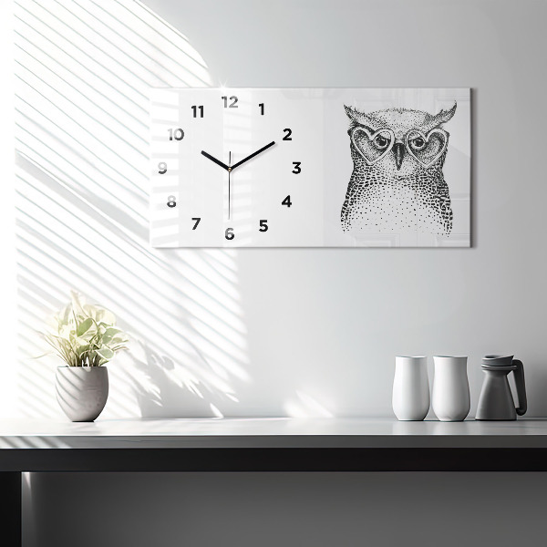Glass wall clock rectangular Drawn owl with glasses
