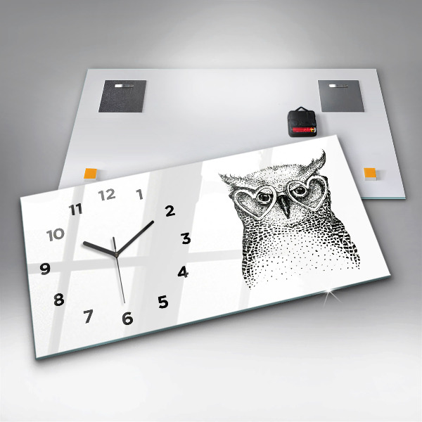 Glass wall clock rectangular Drawn owl with glasses