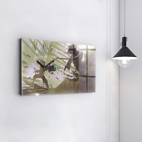 Glass wall clock rectangular Robot vs Samurai Fight