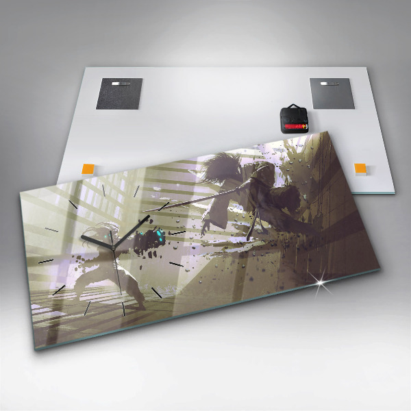 Glass wall clock rectangular Robot vs Samurai Fight
