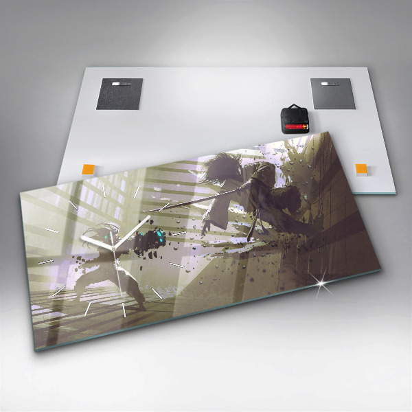 Glass wall clock rectangular Robot vs Samurai Fight