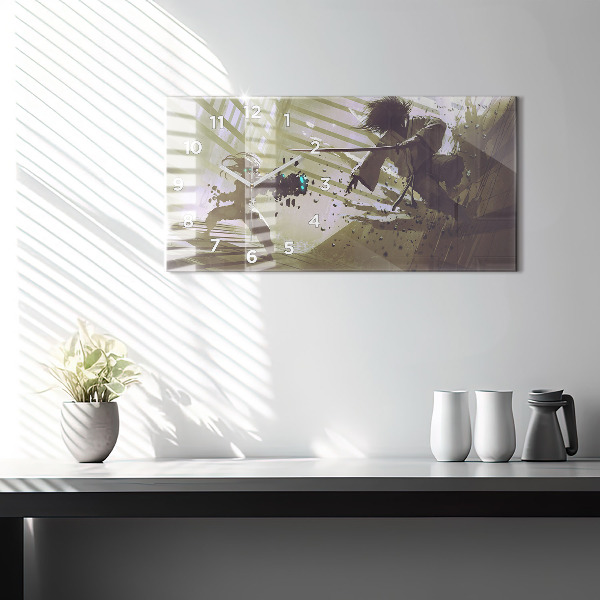 Glass wall clock rectangular Robot vs Samurai Fight