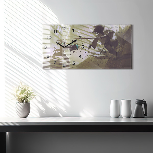 Glass wall clock rectangular Robot vs Samurai Fight