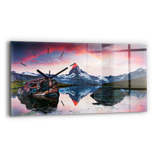 Glass wall clock rectangular Lake Stellisee Matterhorn