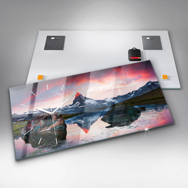 Glass wall clock rectangular Lake Stellisee Matterhorn