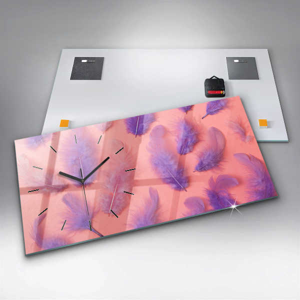 Glass wall clock rectangular Colorful Feathers