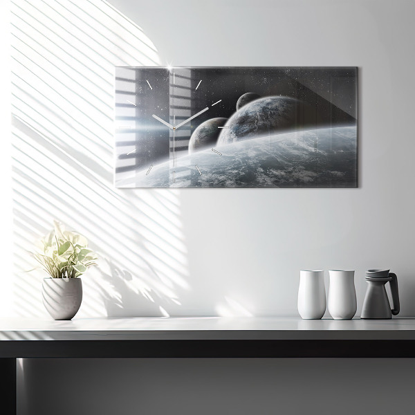 Glass wall clock rectangular Space Planets