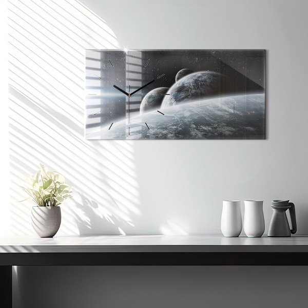 Glass wall clock rectangular Space Planets