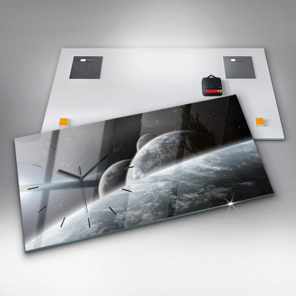 Glass wall clock rectangular Space Planets