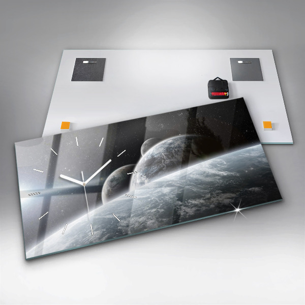 Glass wall clock rectangular Space Planets
