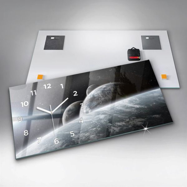 Glass wall clock rectangular Space Planets