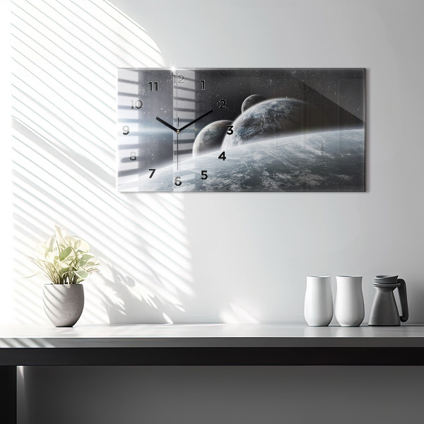 Glass wall clock rectangular Space Planets