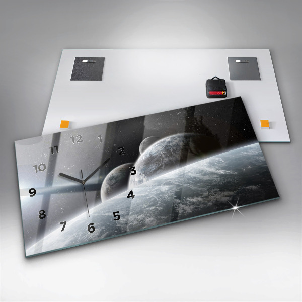 Glass wall clock rectangular Space Planets