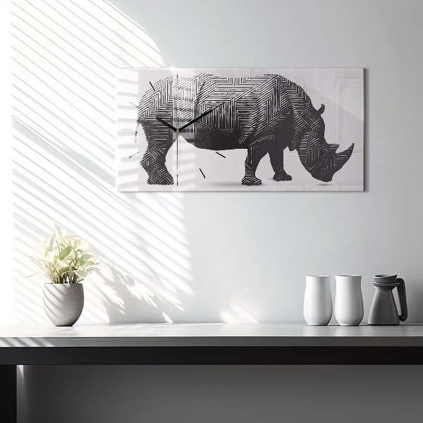 Glass wall clock rectangular Rhino line art