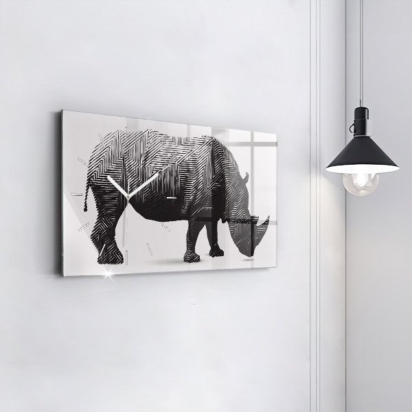 Glass wall clock rectangular Rhino line art