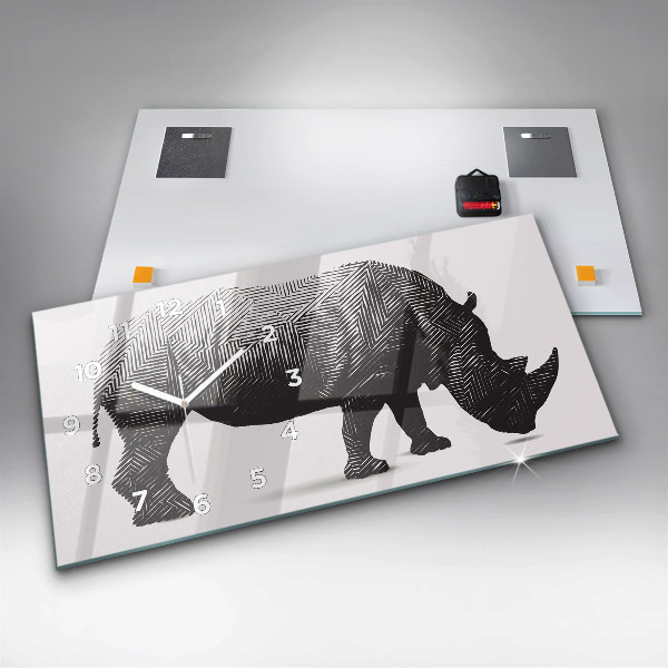 Glass wall clock rectangular Rhino line art
