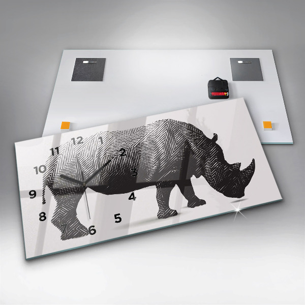 Glass wall clock rectangular Rhino line art