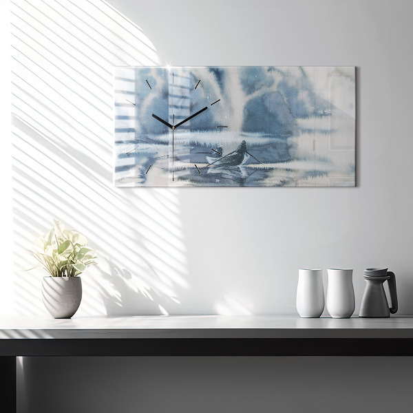 Glass wall clock rectangular Fisherman on the lake