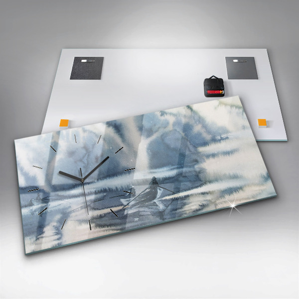 Glass wall clock rectangular Fisherman on the lake