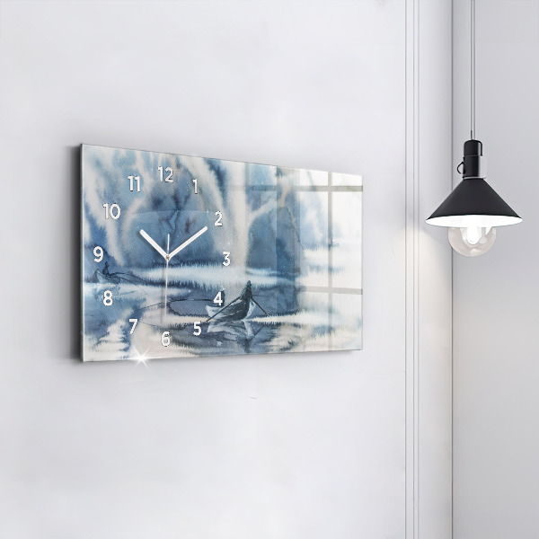 Glass wall clock rectangular Fisherman on the lake