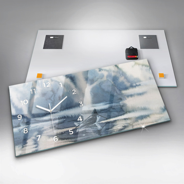 Glass wall clock rectangular Fisherman on the lake