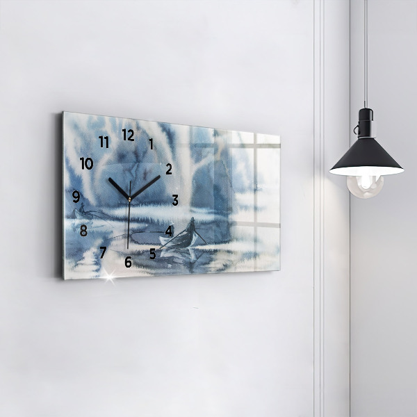 Glass wall clock rectangular Fisherman on the lake