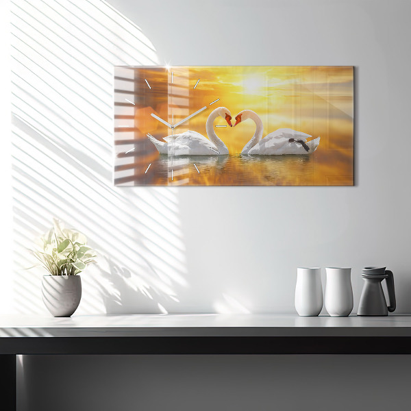 Glass wall clock rectangular Swans in Love