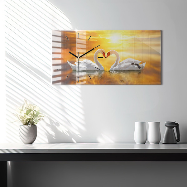 Glass wall clock rectangular Swans in Love