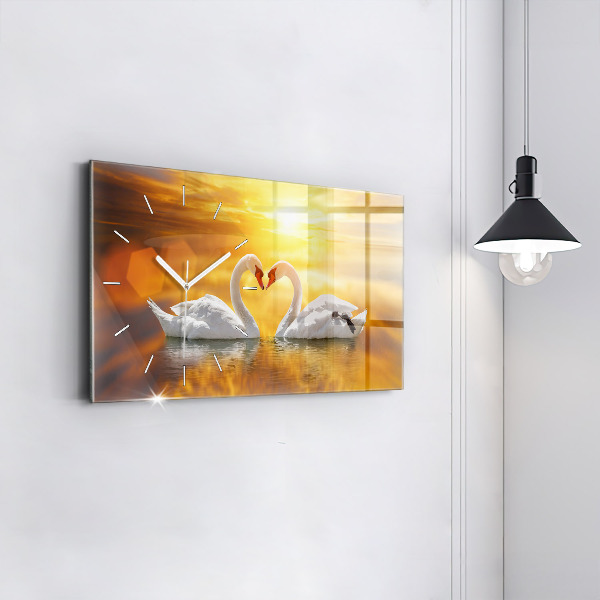 Glass wall clock rectangular Swans in Love