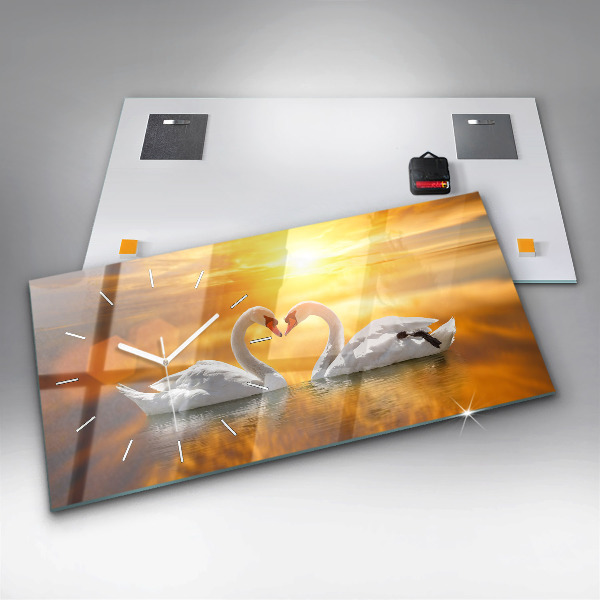 Glass wall clock rectangular Swans in Love