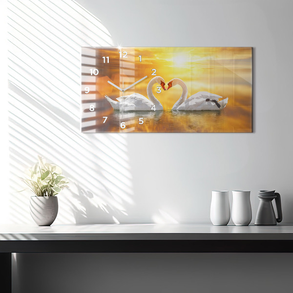 Glass wall clock rectangular Swans in Love