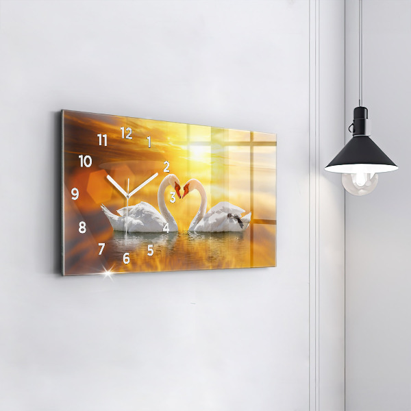 Glass wall clock rectangular Swans in Love