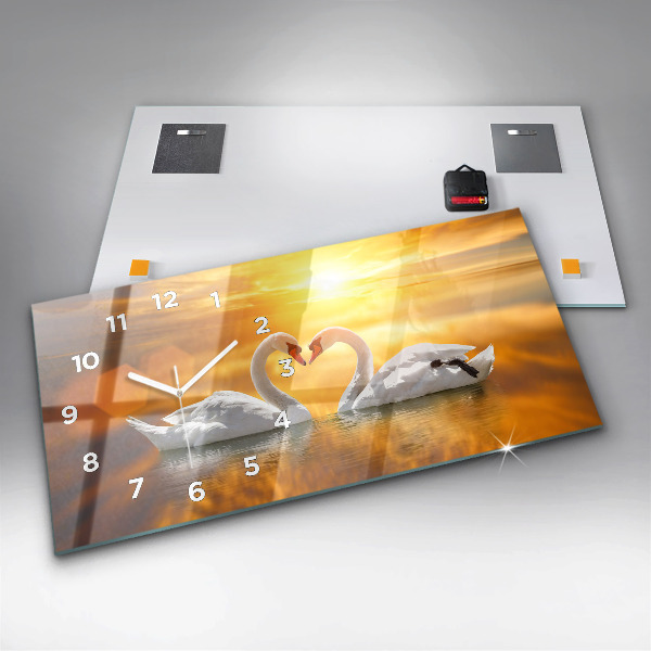 Glass wall clock rectangular Swans in Love
