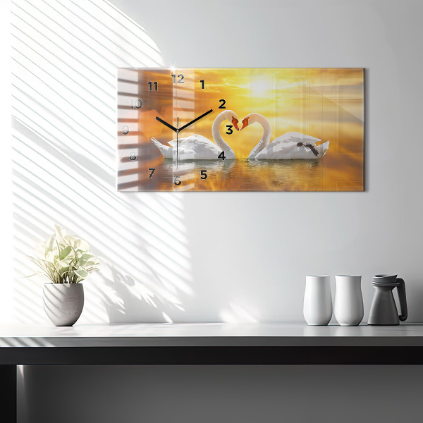 Glass wall clock rectangular Swans in Love