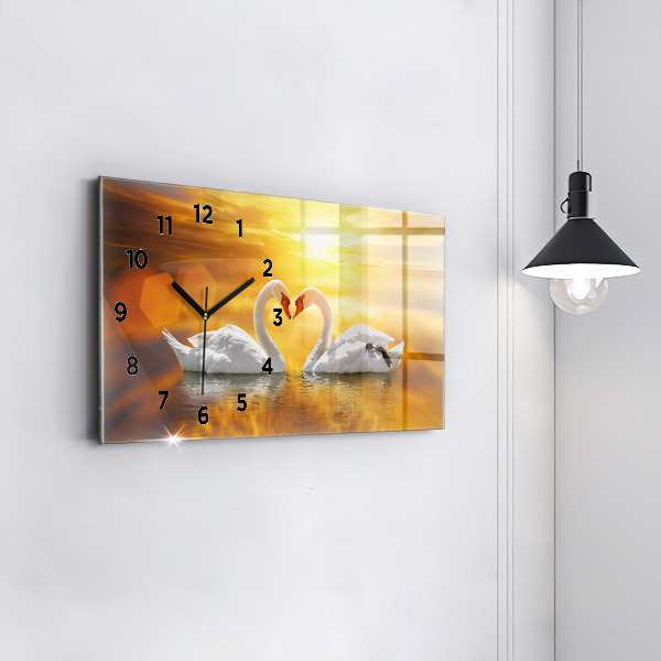 Glass wall clock rectangular Swans in Love