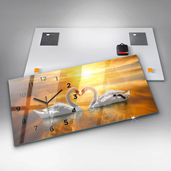 Glass wall clock rectangular Swans in Love