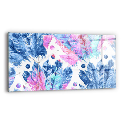 Glass wall clock rectangular Colorful feathers
